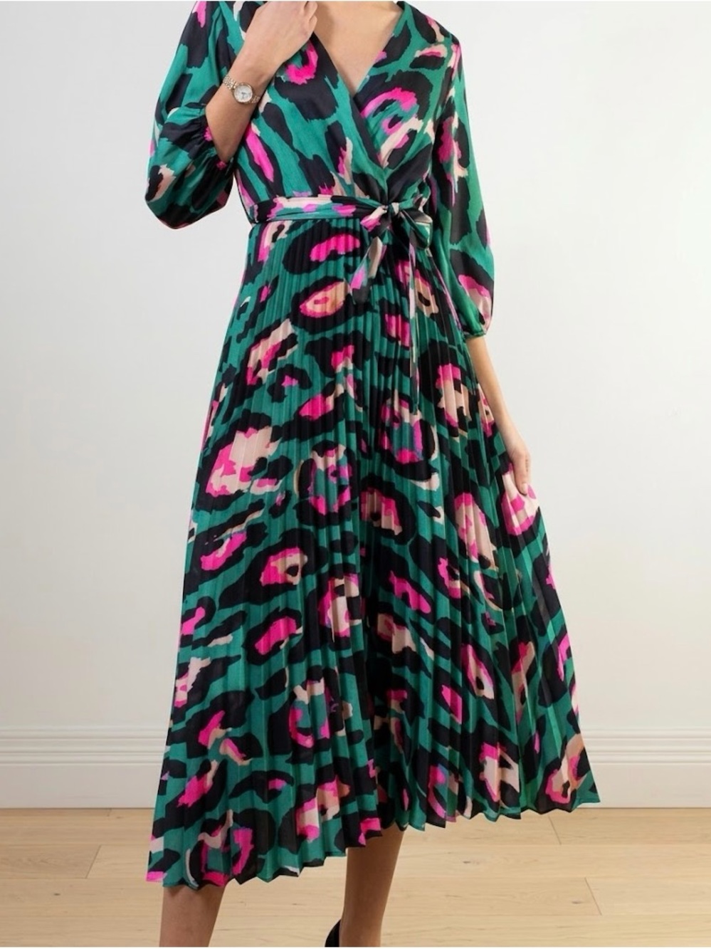 Teal & Pink Abstract AnimalPrinted Faux Wrap Midi Dress